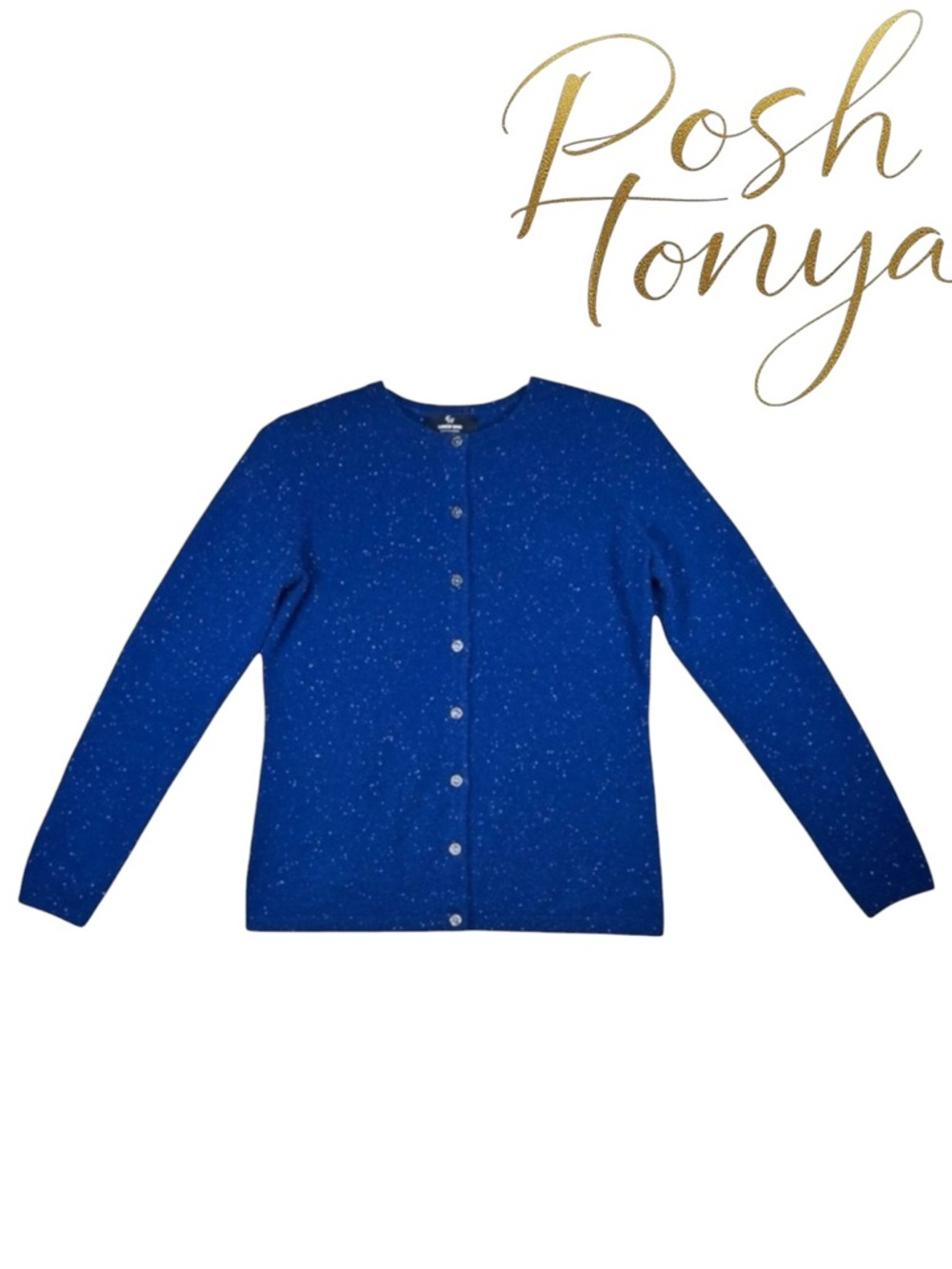 Lands End Cashmere Cardigan Sweater Nepped Confetti Print Blue Size XS Cozy Chic